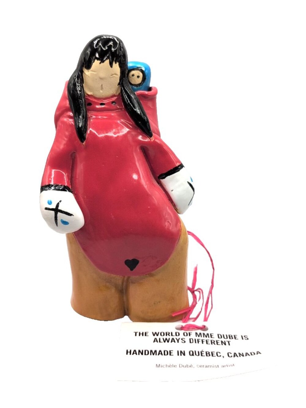 Handmade Inuit Mother + Child Ceramic Sculpture 7" OOAK Michele Dube Canadian